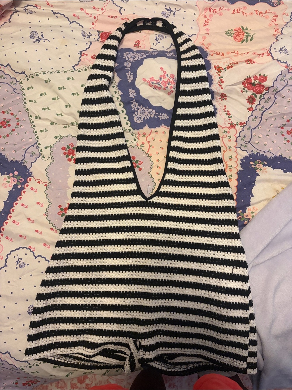 Black & White Striped Halter Knit Romper